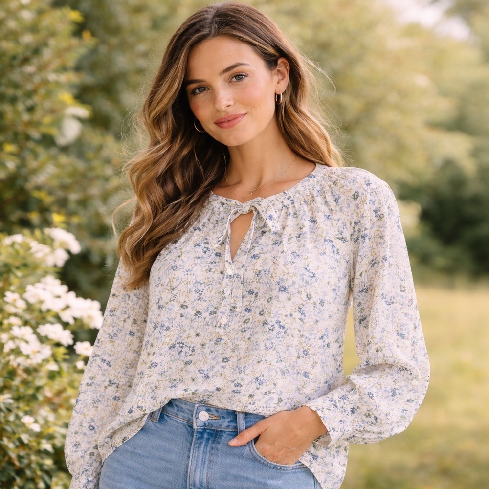 American Eagle‎ Floral Peasant Top Size S Boho Tie Neck Long Sleeve Cottage